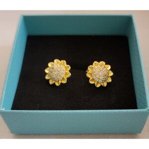 Sunflower CZ Stud Earrings Gold Plated 925 Sterling Silver NWT
